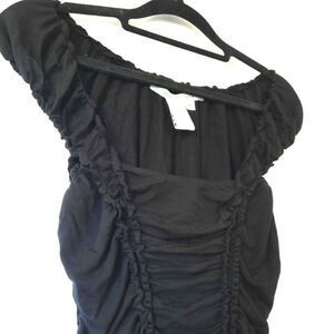 Max Studio Cap Sleeve Square Neck Ruched Ruffle Top Black